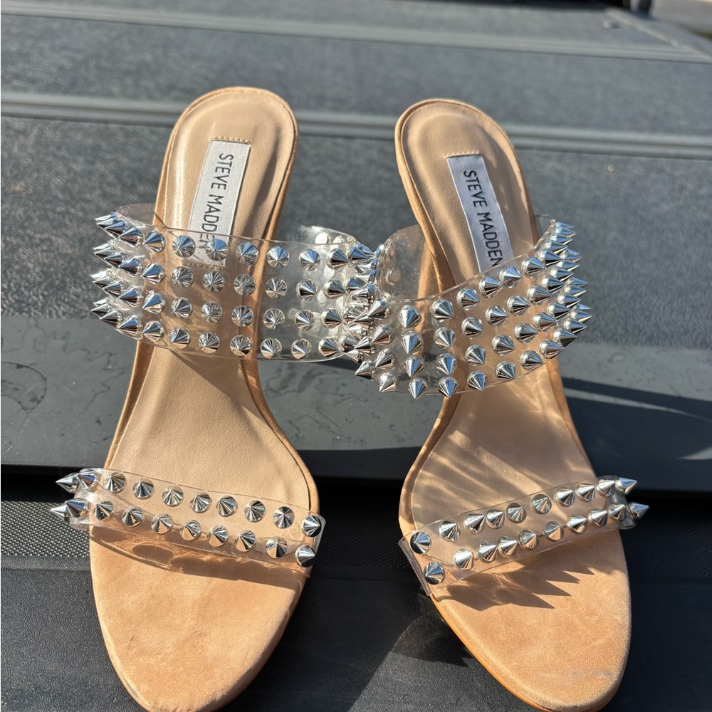 Steve Madden Clear and Tan Heels with Silver Studs